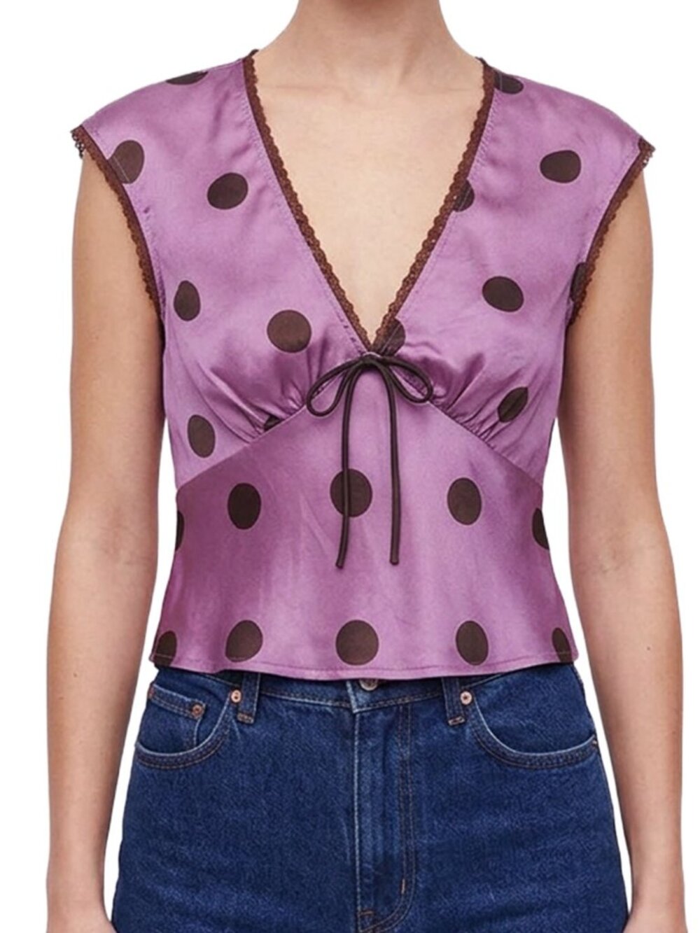 Reformation Cherry Silk Top Hyacinth Dot Purple Brown Polka Dot V Neck 4